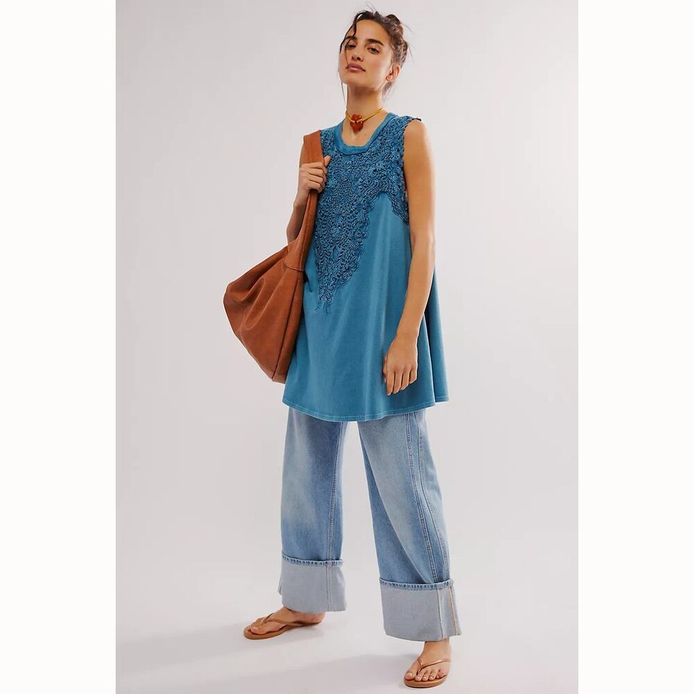 Free People Lavender Fields Mini Dress Tank Floral Cutwork Cotton Blue S 284166
